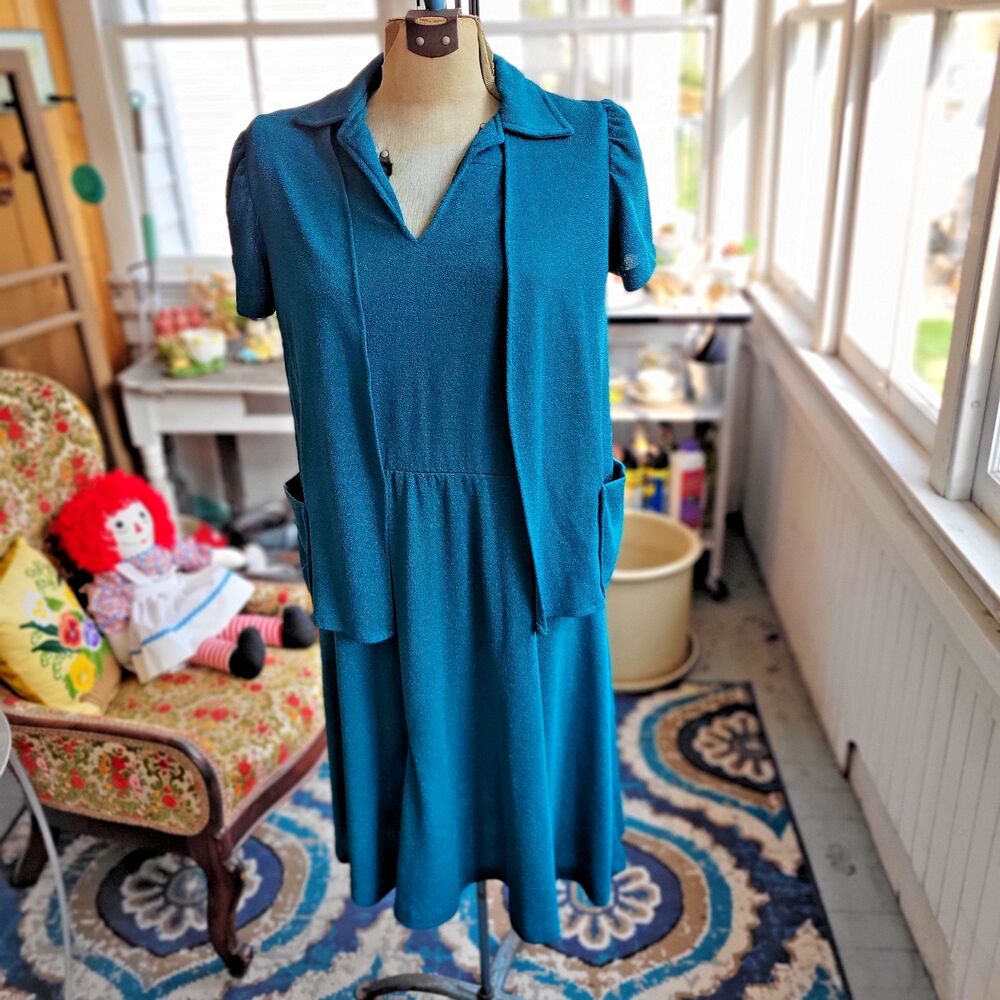 Vintage 1970's -Cinched Waist Soft Terry Poly Sun Dress w Cardigan Top Size L